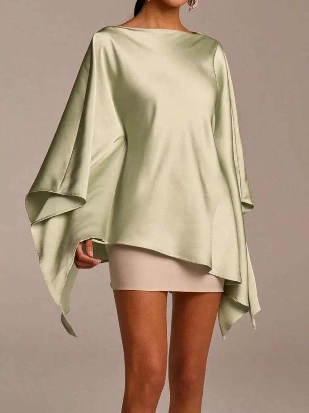 Green Elegant Women's Long Sleeve Asymmetric Satin Blouse